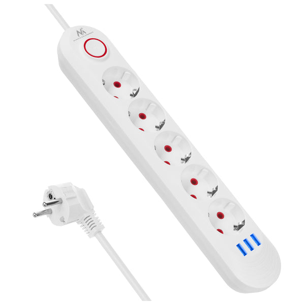 Maclean Steckdosenleiste, 5 Steckdosen-Verlängerungskabel + 3xUSB, 110-240V AC 50/60Hz, 2,1A max 2500W, 1,5m, weiß, MCE395 W