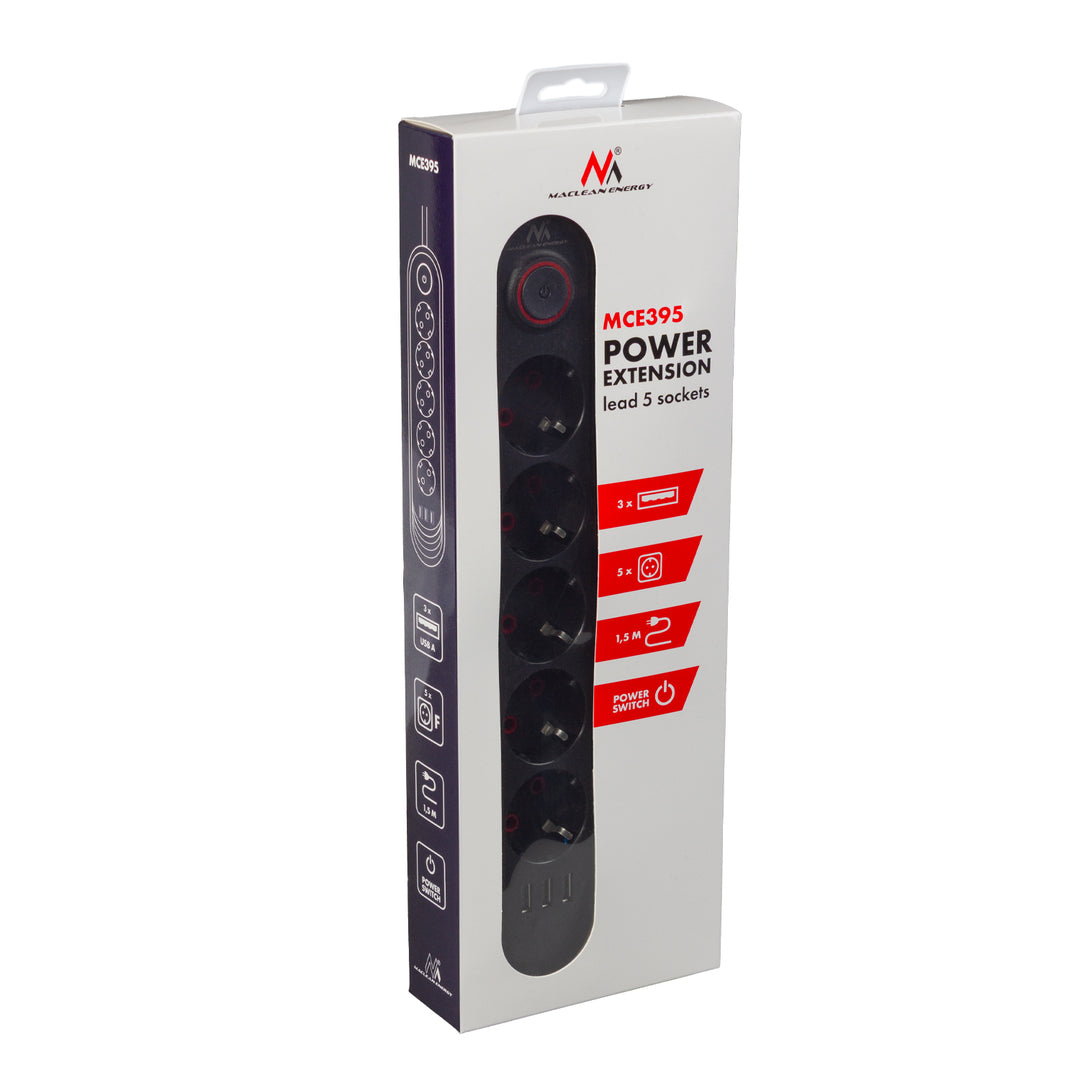 Maclean Steckdosenleiste, 5 Steckdosen-Verlängerungskabel + 3xUSB, 110-240V AC 50/60Hz, 2,1A max 2500W, 1,5m, schwarz, MCE395 B