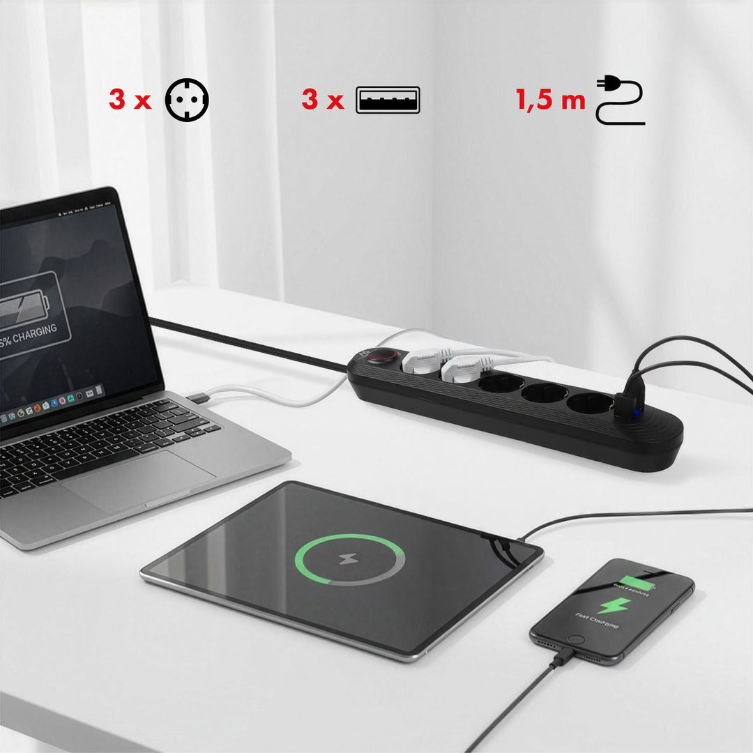Maclean Steckdosenleiste, 5 Steckdosen-Verlängerungskabel + 3xUSB, 110-240V AC 50/60Hz, 2,1A max 2500W, 1,5m, schwarz, MCE395 B