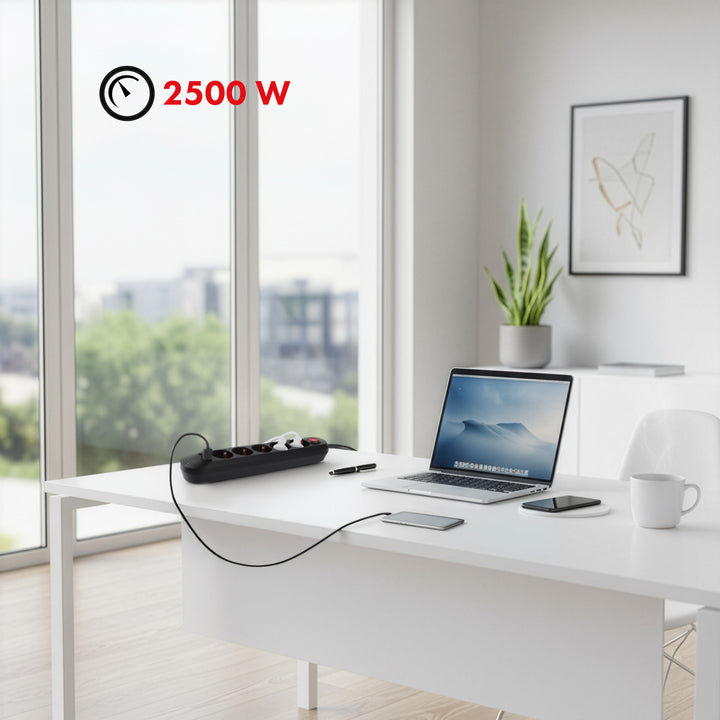 Maclean Steckdosenleiste, 5 Steckdosen-Verlängerungskabel + 3xUSB, 110-240V AC 50/60Hz, 2,1A max 2500W, 1,5m, schwarz, MCE395 B