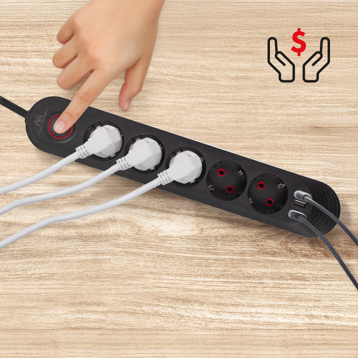 Maclean Steckdosenleiste, 5 Steckdosen-Verlängerungskabel + 3xUSB, 110-240V AC 50/60Hz, 2,1A max 2500W, 1,5m, schwarz, MCE395 B
