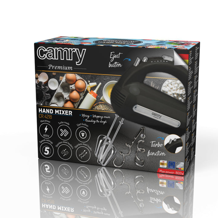 Camry Handmixer, 800 W, 5 Geschwindigkeiten, Turbo-Funktion, schwarz, CR 4218