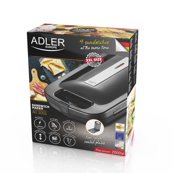 Adler AD 3055 schwarz 2000 Watt Sandwichmaker für 4 Sandwiches