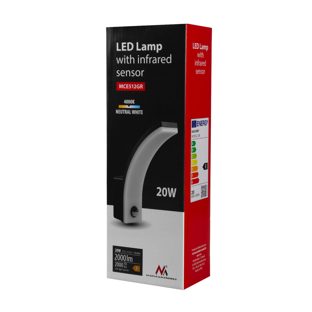 Maclean Bewegungsmelder LED-Lampe, PIR-Bewegungsmelder, grau, 20W, IP65, 2000lm, neutralweiß (4000K) MCE512 GR, 4 Stück