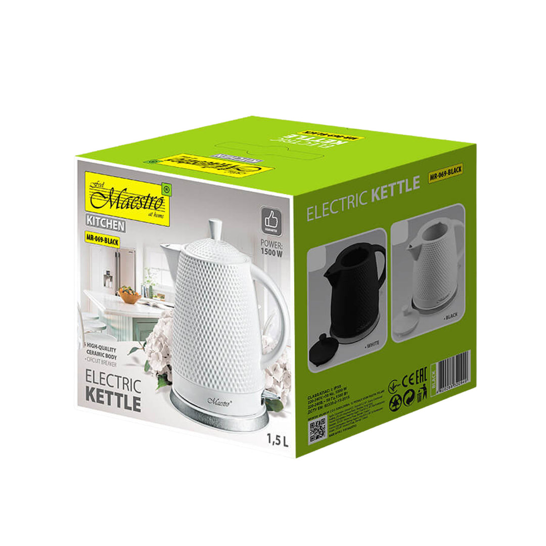 Maestro Keramik-Wasserkocher, 1,5 Liter Fassungsvermögen, 1500 W, schwarz, MR069 UK-Stecker