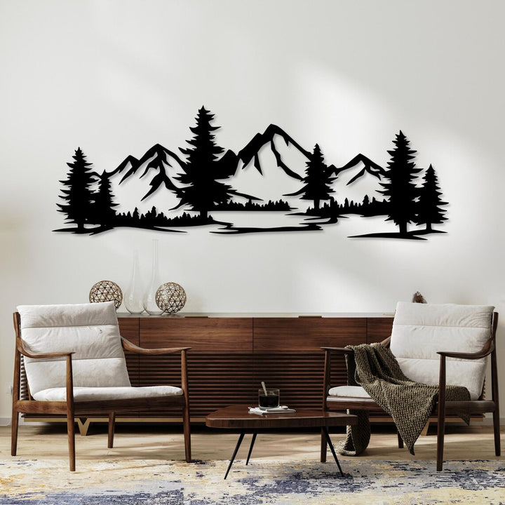 Durchbrochene Malerei, 3D-Wanddekoration, 3D-Gemälde "Berge mit Wald" 180x61cm Schwarz