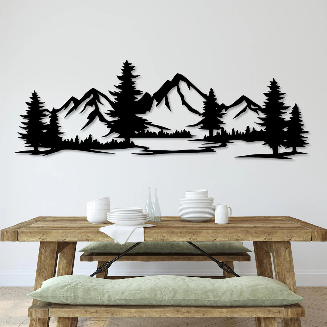 Durchbrochene Malerei, 3D Wanddekoration, 3D Gemälde "Berge mit Wald" 80x27cm Schwarz