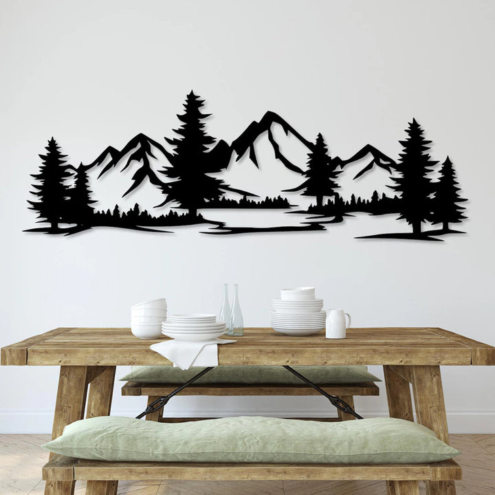 Durchbrochene Malerei, 3D Wanddekoration, 3D Gemälde "Berge mit Wald" 80x27cm Schwarz