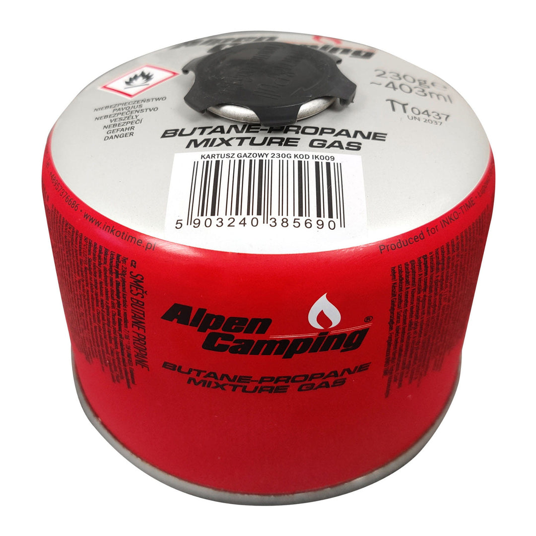 Gaskartusche 230g Alpen Camping, Zertifikat: Pi 0656, entspricht EN417, Propan-Butan, Bereich -10°C bis + 40°C, 7/16"-Gewindeventil IK009