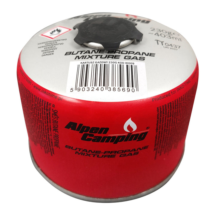 Gaskartusche 230g Alpen Camping, Zertifikat: Pi 0656, entspricht EN417, Propan-Butan, Bereich -10°C bis + 40°C, 7/16"-Gewindeventil IK009