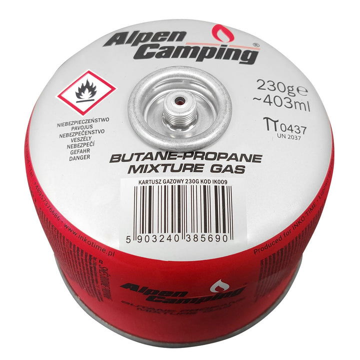 Gaskartusche 230g Alpen Camping, Zertifikat: Pi 0656, entspricht EN417, Propan-Butan, Bereich -10°C bis + 40°C, 7/16"-Gewindeventil IK009