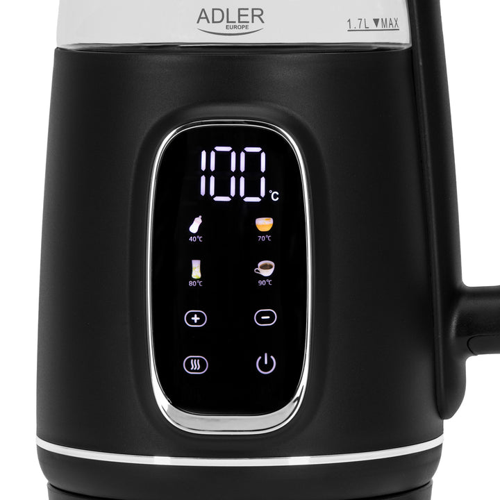 Elektrischer Glas-Wasserkocher 1.7L Adler, Schwarz und Silber, Temperaturregelung, LED-Anzeige, AD 1305 bs