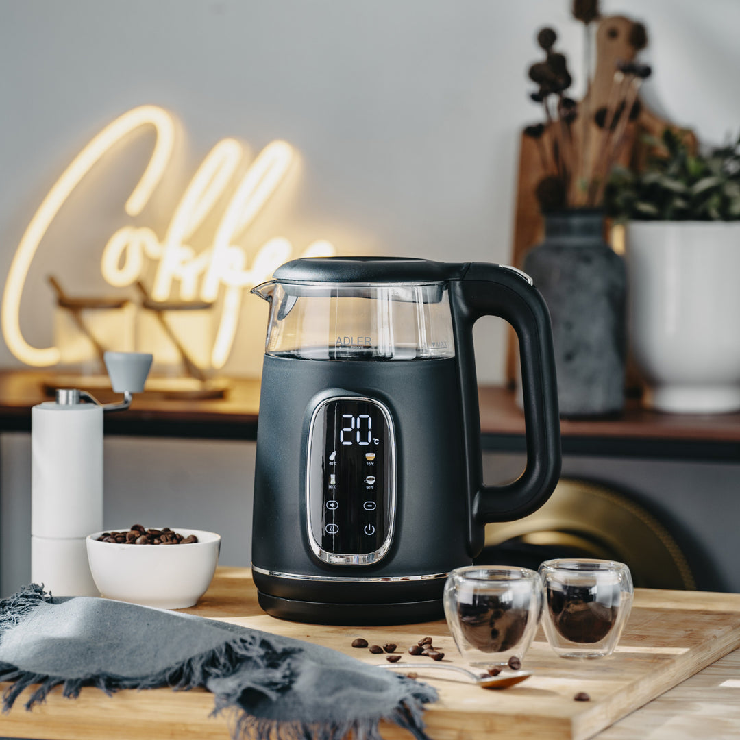 Elektrischer Glas-Wasserkocher 1.7L Adler, Schwarz und Silber, Temperaturregelung, LED-Anzeige, AD 1305 bs
