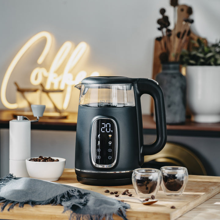 Elektrischer Glas-Wasserkocher 1.7L Adler, Schwarz und Silber, Temperaturregelung, LED-Anzeige, AD 1305 bs