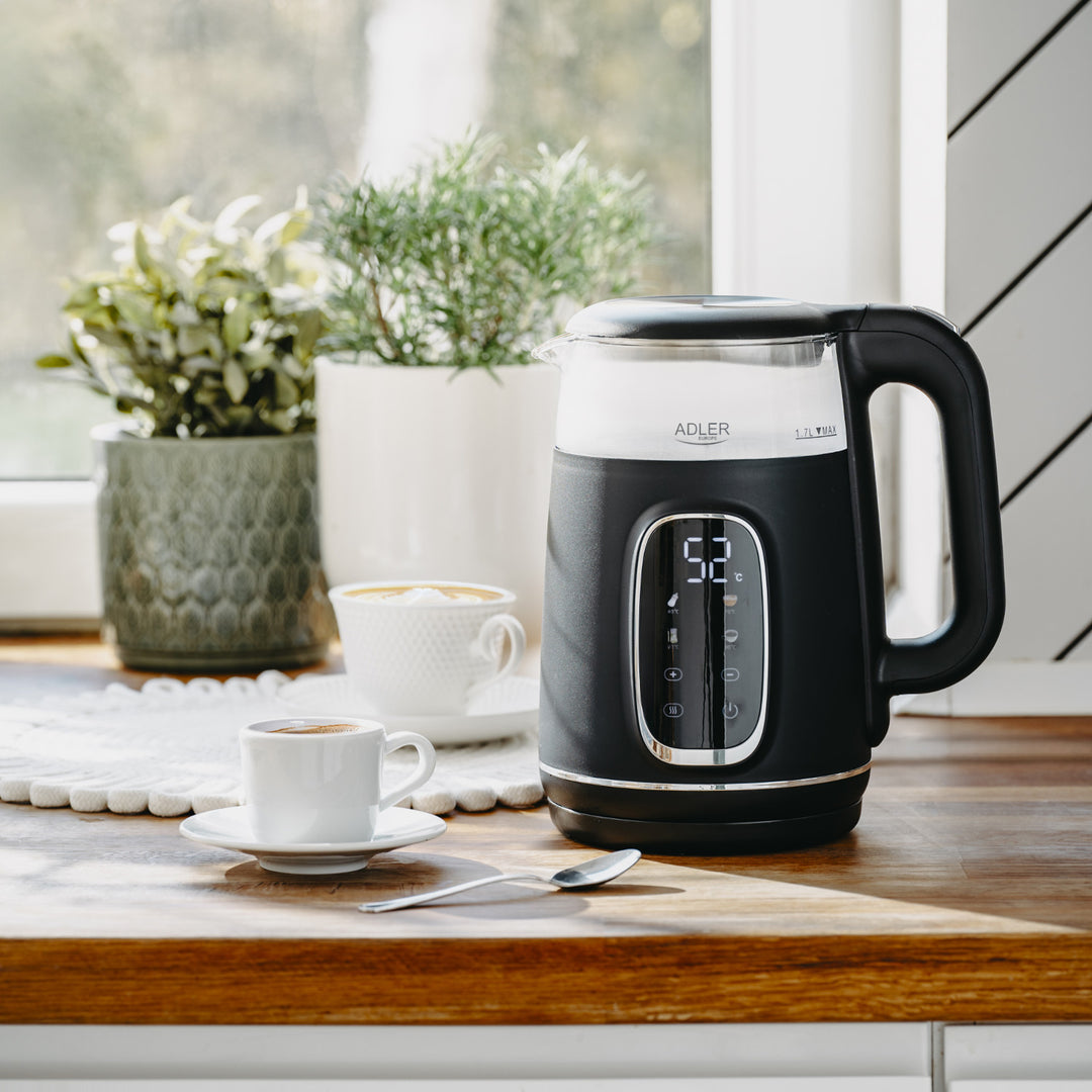Elektrischer Glas-Wasserkocher 1.7L Adler, Schwarz und Silber, Temperaturregelung, LED-Anzeige, AD 1305 bs