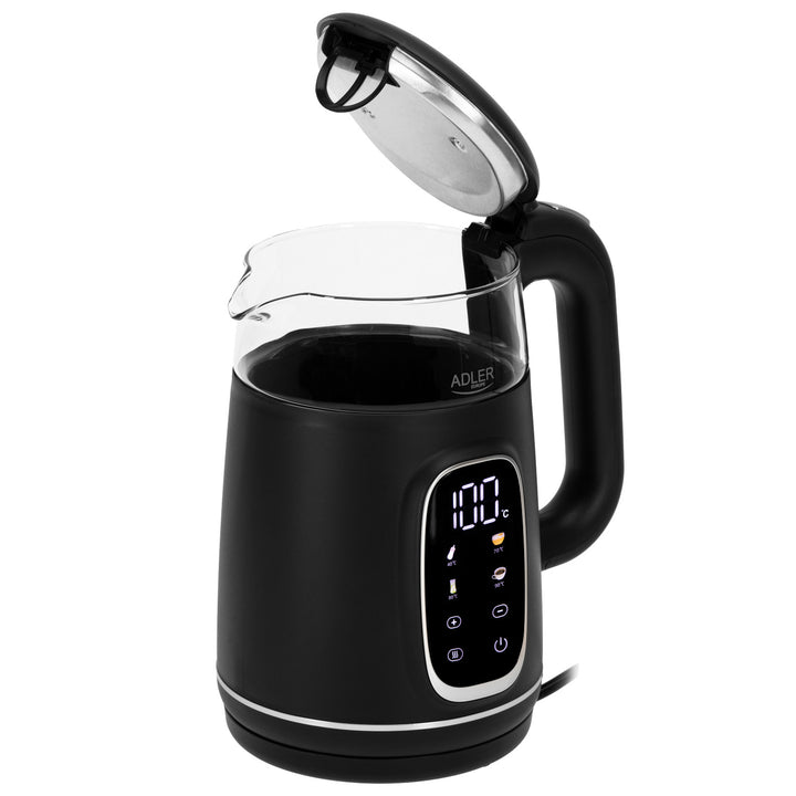 Elektrischer Glas-Wasserkocher 1.7L Adler, Schwarz und Silber, Temperaturregelung, LED-Anzeige, AD 1305 bs
