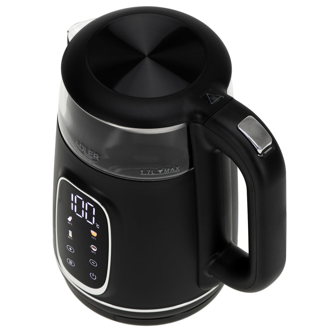 Elektrischer Glas-Wasserkocher 1.7L Adler, Schwarz und Silber, Temperaturregelung, LED-Anzeige, AD 1305 bs