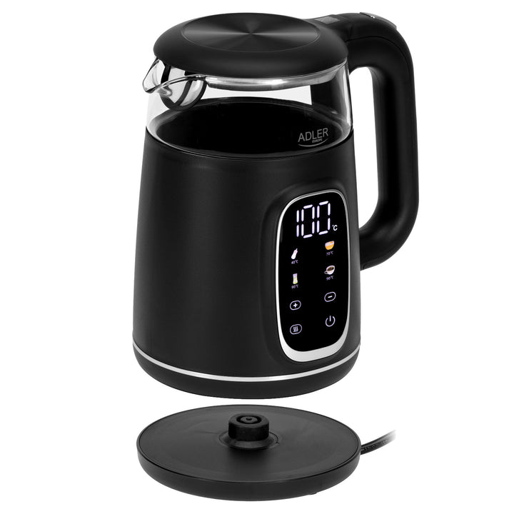 Elektrischer Glas-Wasserkocher 1.7L Adler, Schwarz und Silber, Temperaturregelung, LED-Anzeige, AD 1305 bs