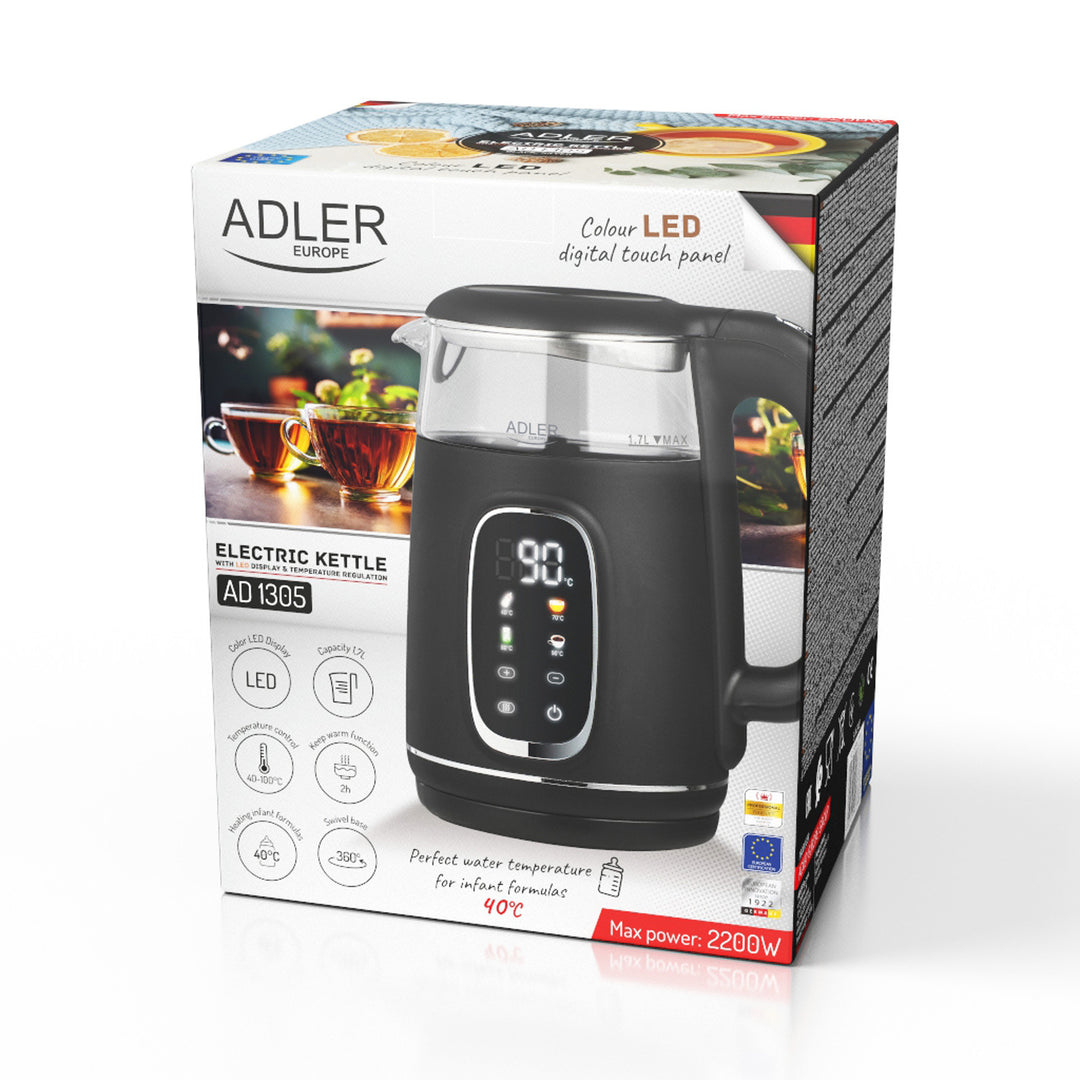 Elektrischer Glas-Wasserkocher 1.7L Adler, Schwarz und Silber, Temperaturregelung, LED-Anzeige, AD 1305 bs