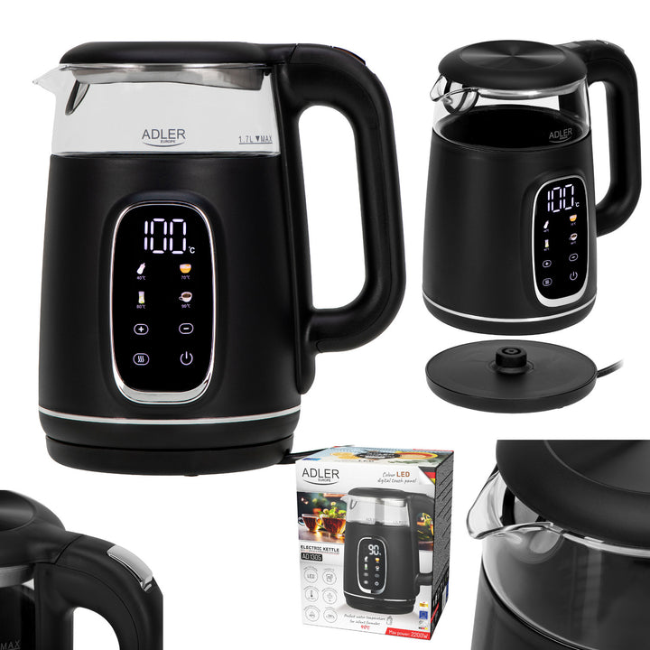 Elektrischer Glas-Wasserkocher 1.7L Adler, Schwarz und Silber, Temperaturregelung, LED-Anzeige, AD 1305 bs