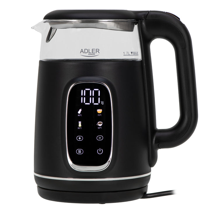 Elektrischer Glas-Wasserkocher 1.7L Adler, Schwarz und Silber, Temperaturregelung, LED-Anzeige, AD 1305 bs