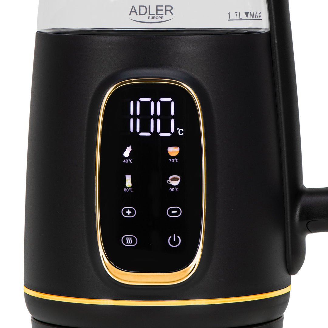Adler elektrischer Glas-Wasserkocher 1,7L, Schwarz und Gold, Temperaturregelung, LED-Anzeige, AD 1305 bg