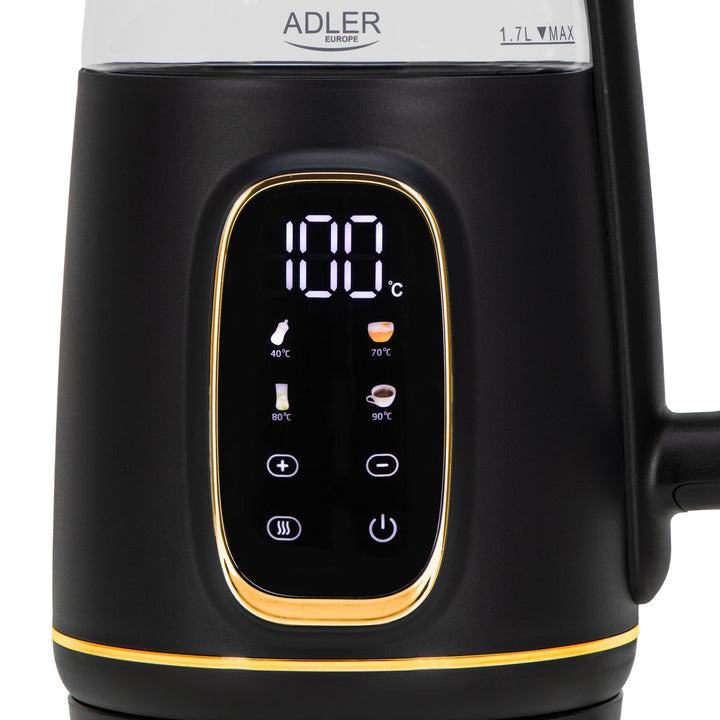 Adler elektrischer Glas-Wasserkocher 1,7L, Schwarz und Gold, Temperaturregelung, LED-Anzeige, AD 1305 bg