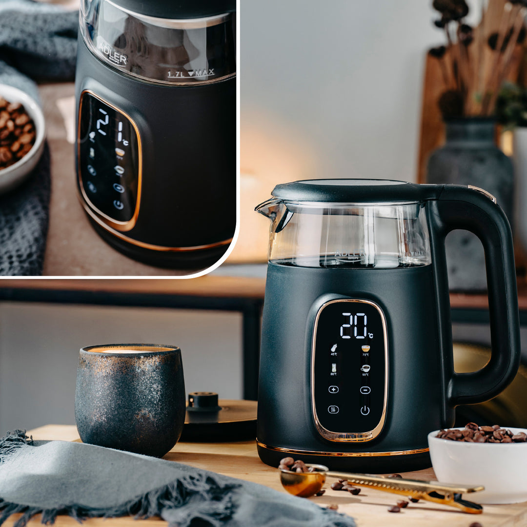 Adler elektrischer Glas-Wasserkocher 1,7L, Schwarz und Gold, Temperaturregelung, LED-Anzeige, AD 1305 bg