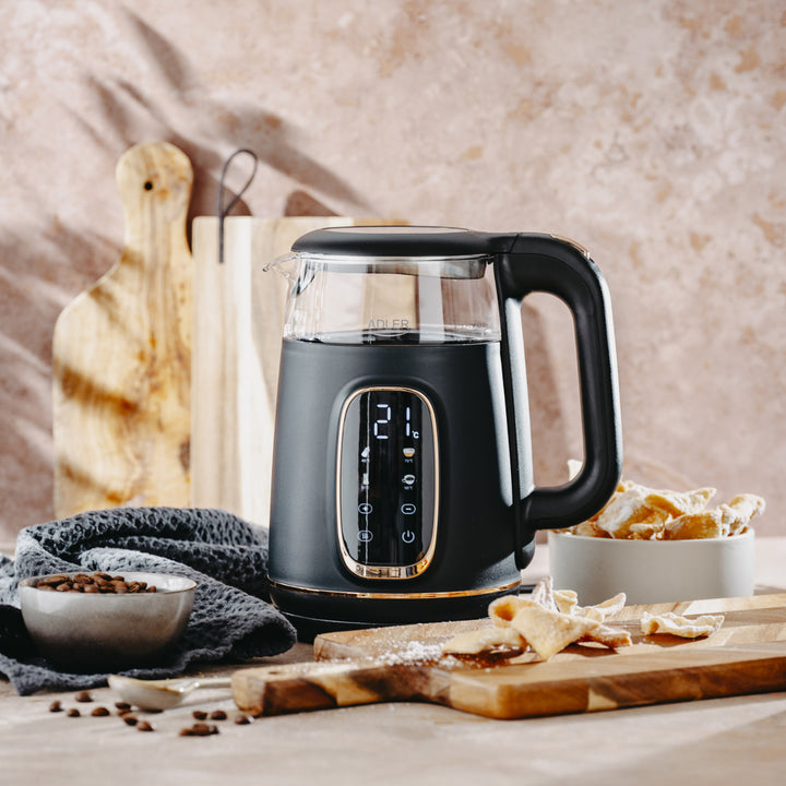 Adler elektrischer Glas-Wasserkocher 1,7L, Schwarz und Gold, Temperaturregelung, LED-Anzeige, AD 1305 bg
