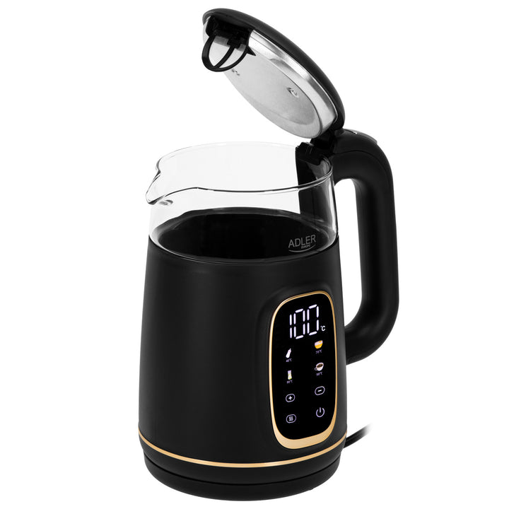 Adler elektrischer Glas-Wasserkocher 1,7L, Schwarz und Gold, Temperaturregelung, LED-Anzeige, AD 1305 bg