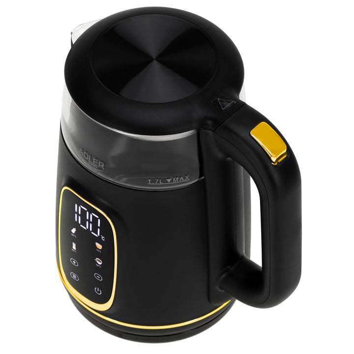 Adler elektrischer Glas-Wasserkocher 1,7L, Schwarz und Gold, Temperaturregelung, LED-Anzeige, AD 1305 bg