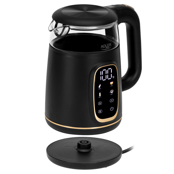 Adler elektrischer Glas-Wasserkocher 1,7L, Schwarz und Gold, Temperaturregelung, LED-Anzeige, AD 1305 bg