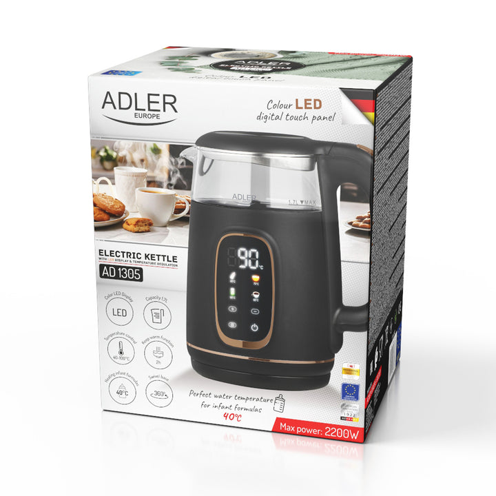 Adler elektrischer Glas-Wasserkocher 1,7L, Schwarz und Gold, Temperaturregelung, LED-Anzeige, AD 1305 bg