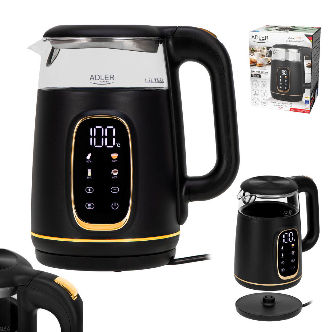 Adler elektrischer Glas-Wasserkocher 1,7L, Schwarz und Gold, Temperaturregelung, LED-Anzeige, AD 1305 bg