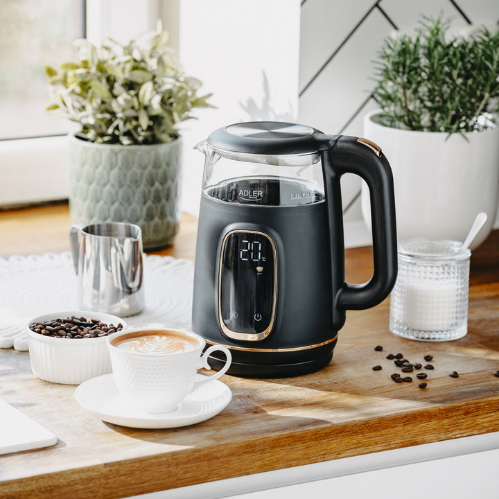 Adler elektrischer Glas-Wasserkocher 1,7L, Schwarz und Gold, Temperaturregelung, LED-Anzeige, AD 1305 bg