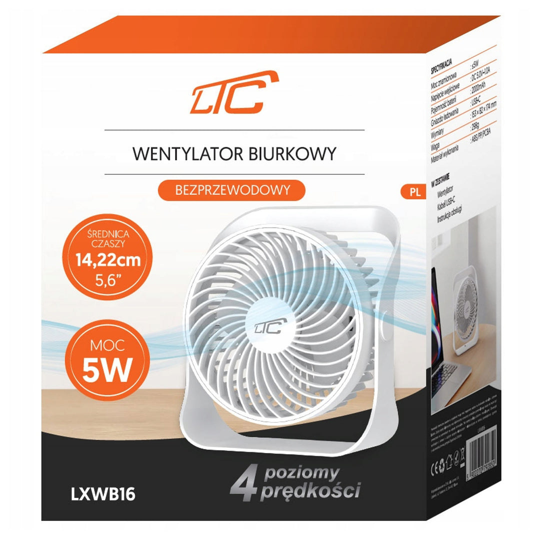 LTC kabelloser Tischventilator, USB-C-Ladung, 4 Geschwindigkeitsstufen, 2000 mAh Akku, LXWB16