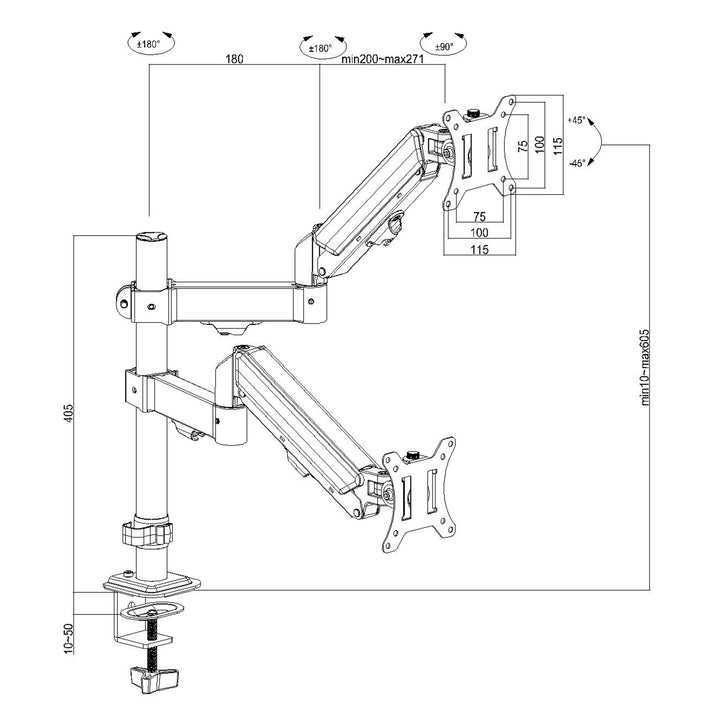 Halterung für 2 Maclean-Monitore, Gasfeder, 17"-32", 2-10kg, schwarz, MC-136