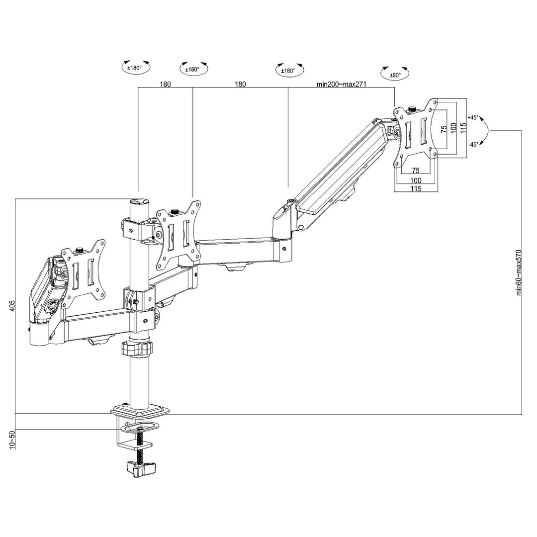 Halterung für 3 Maclean-Monitore, Gasfeder, 17"-27", 2-8kg, schwarz, MC-137