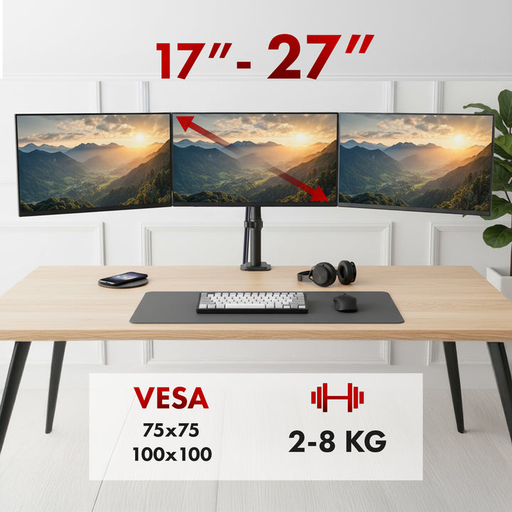 Halterung für 3 Maclean-Monitore, Gasfeder, 17"-27", 2-8kg, schwarz, MC-137