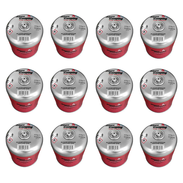 Alpen Camping 450g Gaskartusche, Zertifikat: Pi 0437, entspricht EN417, Propan-Butan, Bereich -10°c bis + 40°c, 7/16" Gewindeventil IK020, 12 Stück