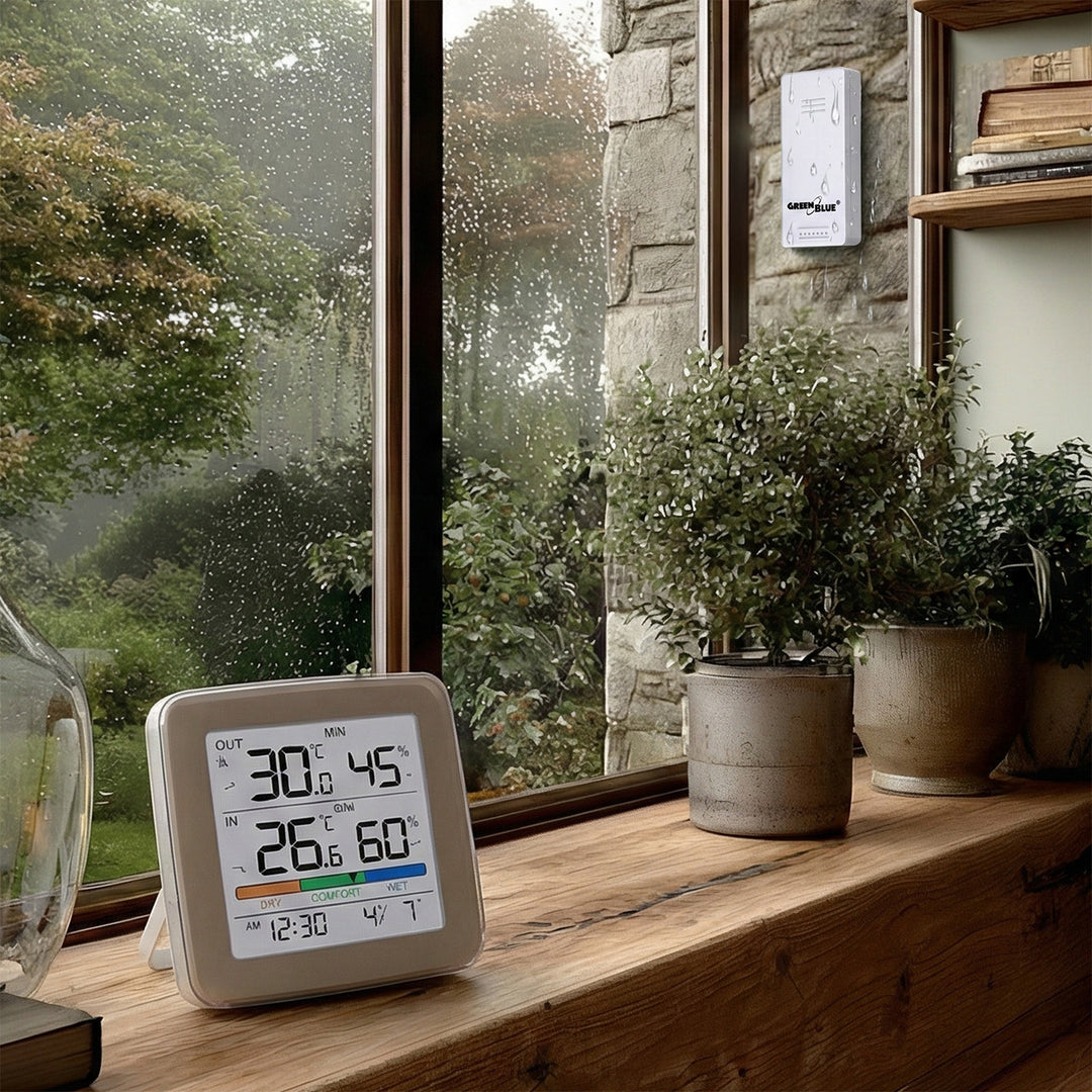 Drahtlose Wetterstation GreenBlue, Temperatur + Luftfeuchtigkeit IN/OUT, Uhr + Alarm + Datum, wahlweise °C / °F, Reichweite bis zu 60 m, GB169