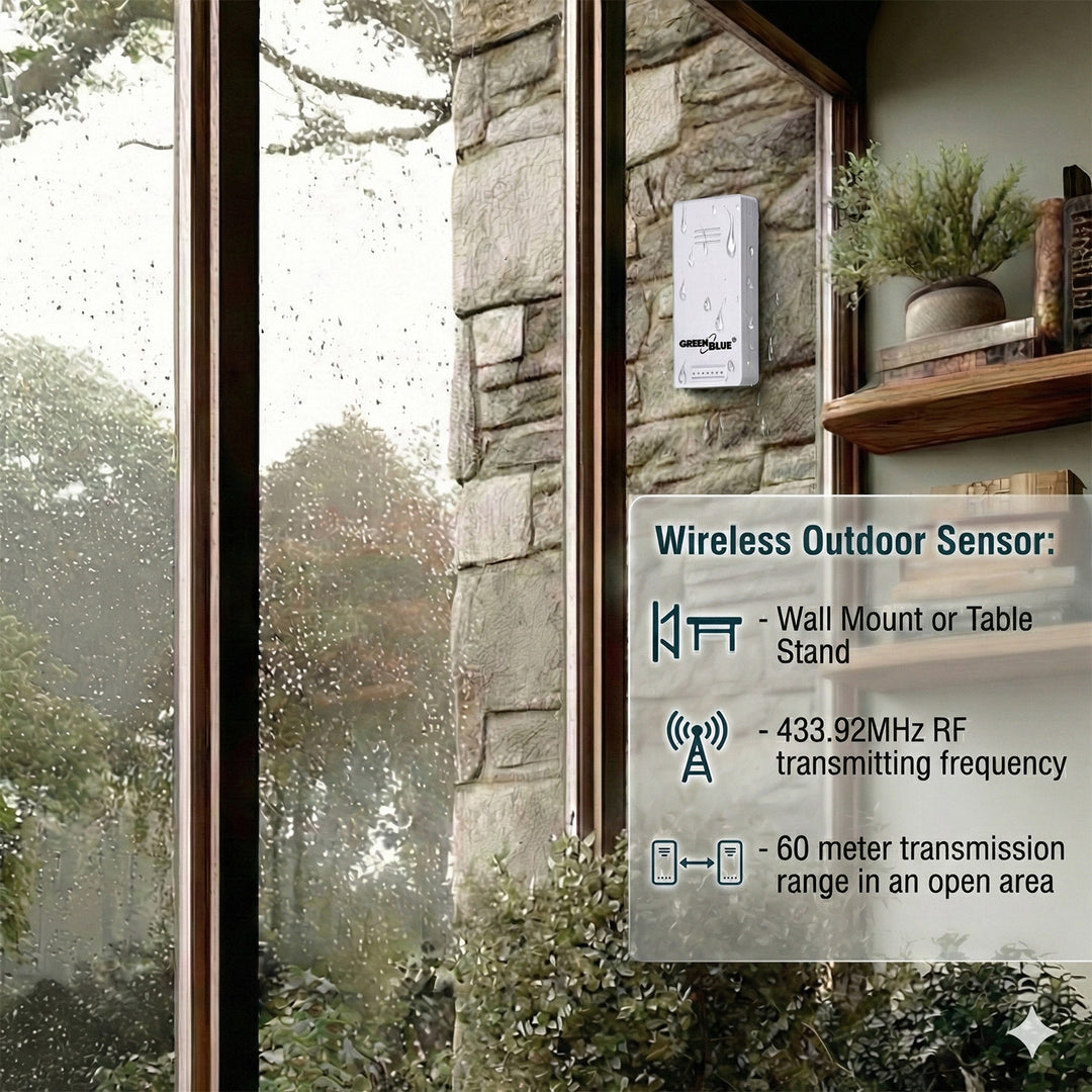 Drahtlose Wetterstation GreenBlue, Temperatur + Luftfeuchtigkeit IN/OUT, Uhr + Alarm + Datum, wahlweise °C / °F, Reichweite bis zu 60 m, GB169