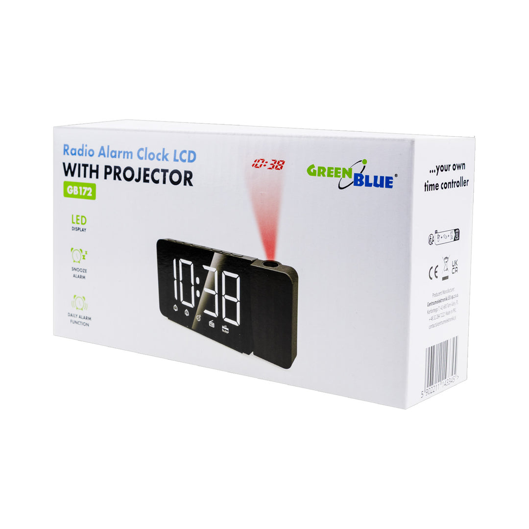 Digitaler LED-Radiowecker mit GreenBlue-Projektor, FM-Radio, Alarm, 12/24-Stunden-Anzeige, Stromversorgung über USB 5 V DC + CR2032, GB172