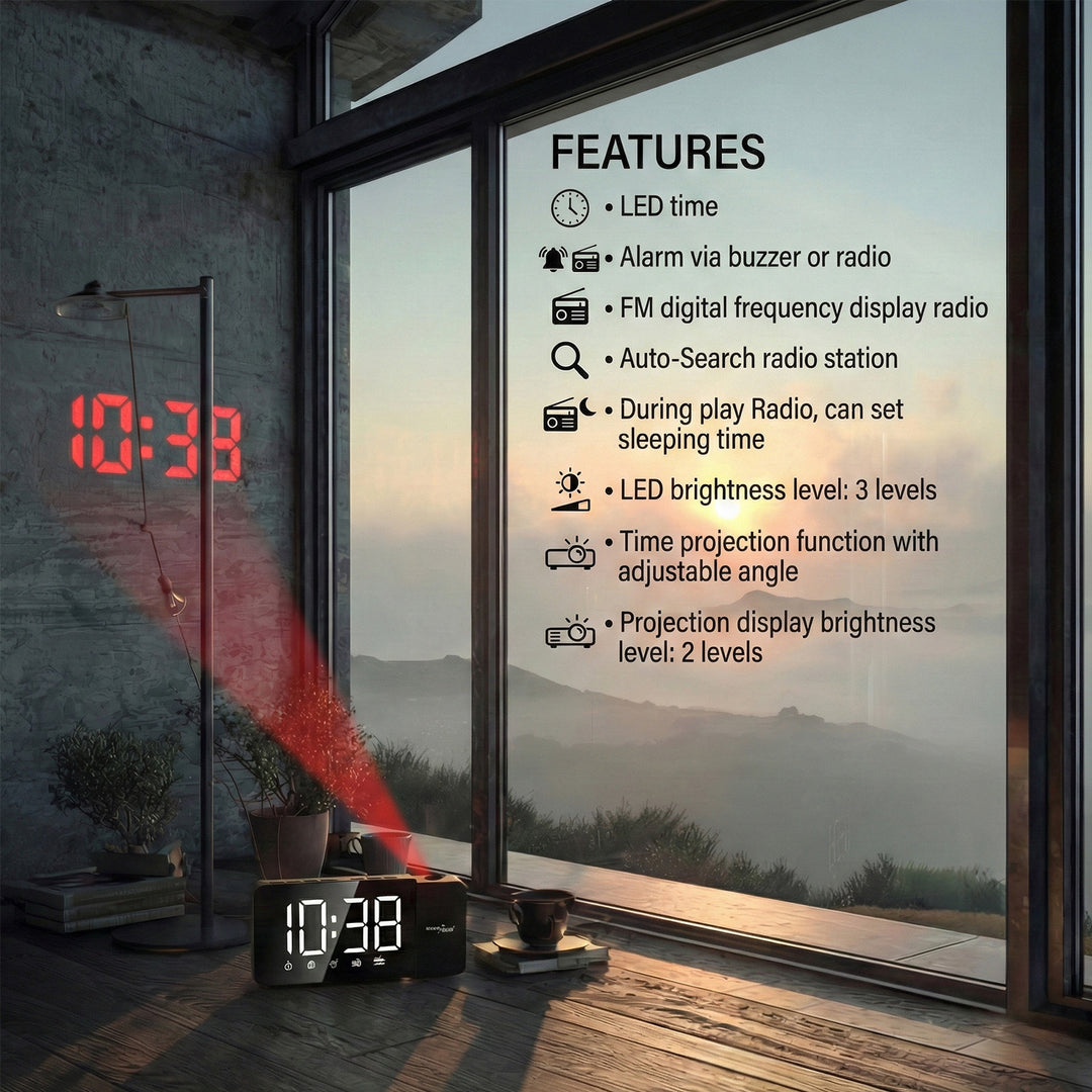 Digitaler LED-Radiowecker mit GreenBlue-Projektor, FM-Radio, Alarm, 12/24-Stunden-Anzeige, Stromversorgung über USB 5 V DC + CR2032, GB172