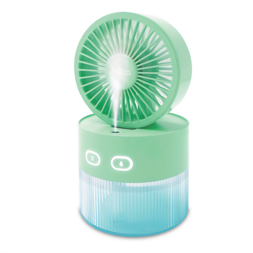 Tischventilator mit Luftbefeuchtung. Fassungsvermögen 350ml. Nebel von 40ml/h. USB-C-Stromversorgung.