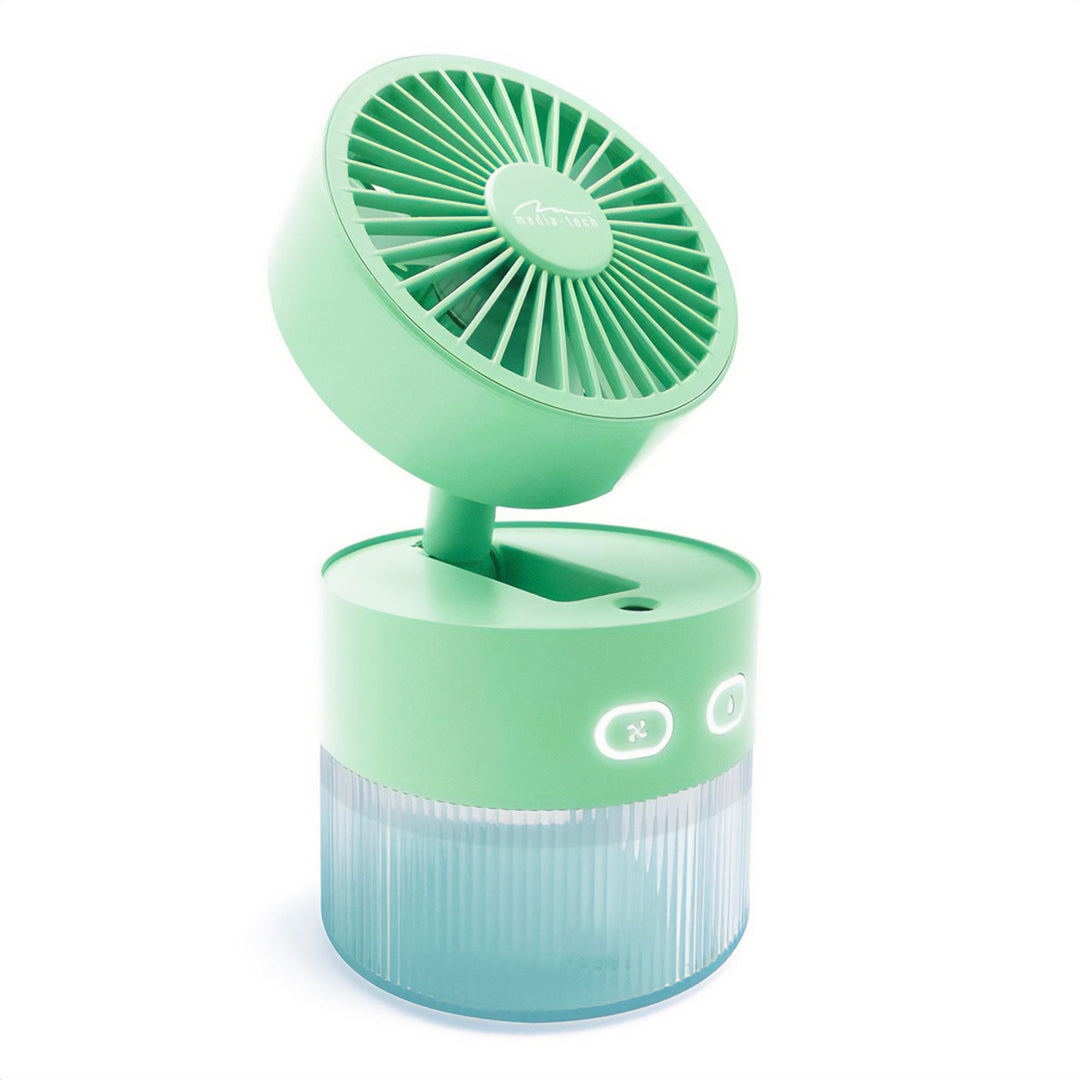 Tischventilator mit Luftbefeuchtung. Fassungsvermögen 350ml. Nebel von 40ml/h. USB-C-Stromversorgung.