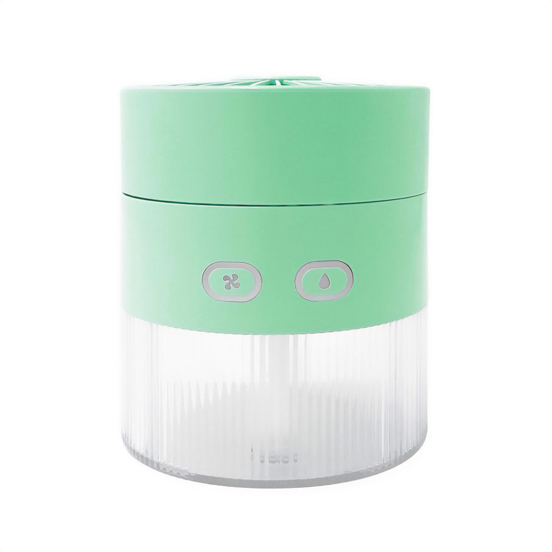 Tischventilator mit Luftbefeuchtung. Fassungsvermögen 350ml. Nebel von 40ml/h. USB-C-Stromversorgung.