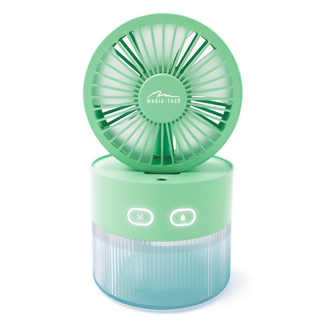 Tischventilator mit Luftbefeuchtung. Fassungsvermögen 350ml. Nebel von 40ml/h. USB-C-Stromversorgung.