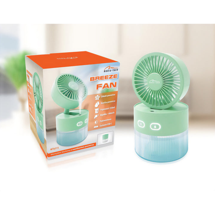 Tischventilator mit Luftbefeuchtung. Fassungsvermögen 350ml. Nebel von 40ml/h. USB-C-Stromversorgung.
