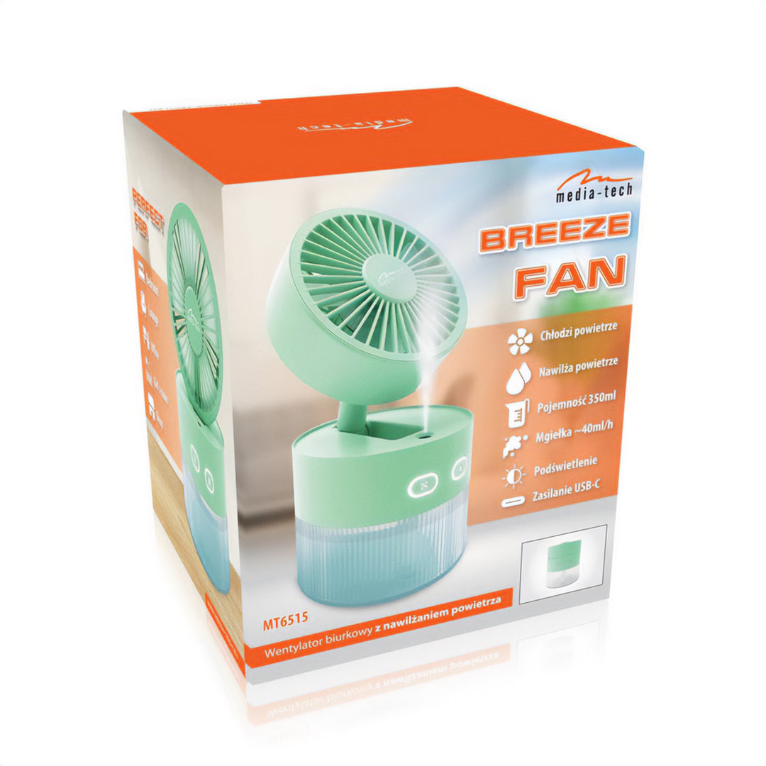 Tischventilator mit Luftbefeuchtung. Fassungsvermögen 350ml. Nebel von 40ml/h. USB-C-Stromversorgung.